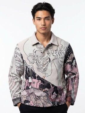 Rebel Vengeance Ukiyo Woven Tapestry Skeleton Samurai Graphic Jacket Streetwear
